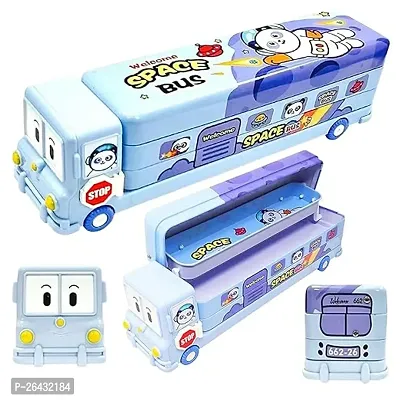 Stylish Blue Bus Shape Pencil Box With Moving Tyres With 3 Compartments For Boys And Girls-thumb0