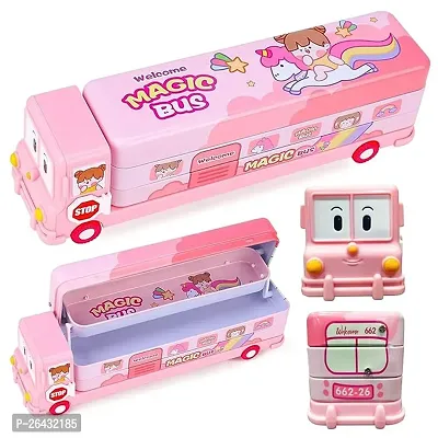Stylish Pink Bus Shape Pencil Box With Moving Tyres With 3 Compartments For Boys And Girls-thumb0