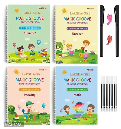 Magic Practice Copybook (Size 26 x 18cm ), Number Tracing Book for Preschoolers with Pen, Magic Calligraphy Copybook Set Practical Reusable Writing Tool (LARGE A4 SIZE 4 BOOK + 10 REFILL)-thumb0