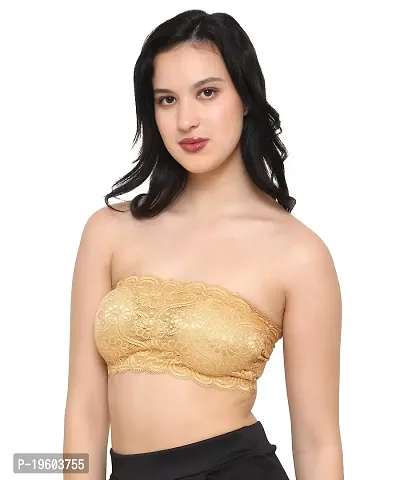 Taj Beauty Women Lace Spandex Padded Non Wired Strapless Padded Full Coverage Seamless Hook Closure Tube Bra (Beige)