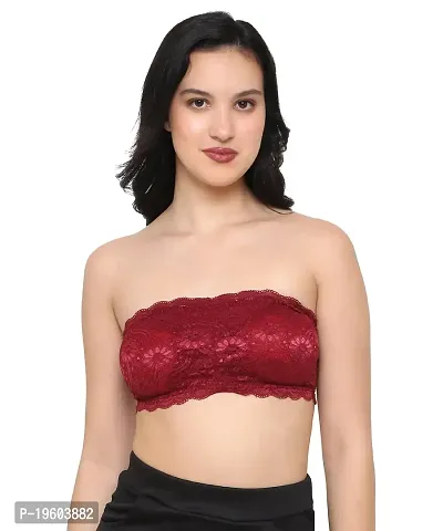 Taj Beauty Women Lace Spandex Padded Non Wired Strapless Padded Full Coverage Seamless Hook Closure Tube Bra (Maroon)