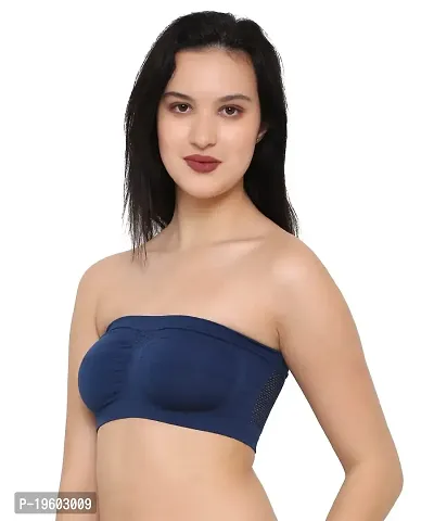Taj Beauty Women Lace Spandex Padded Non Wired Strapless Padded Full Coverage Seamless Hook Closure Tube Bra (Navy Blue)