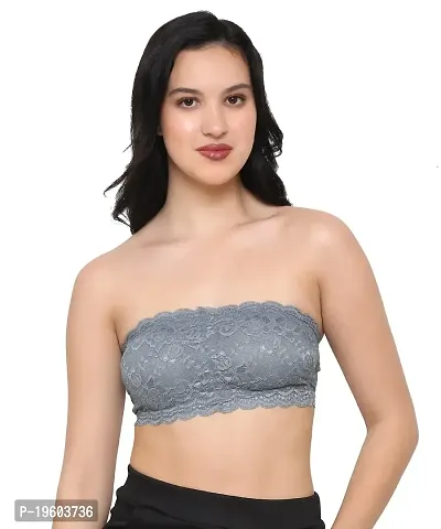 Taj Beauty Women Lace Spandex Padded Non Wired Strapless Padded Full Coverage Seamless Hook Closure Tube Bra (Grey)