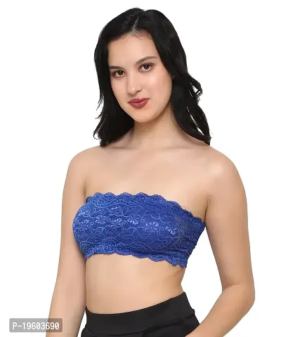 Taj Beauty Women Lace Spandex Padded Non Wired Strapless Padded Full Coverage Seamless Hook Closure Tube Bra (Royal Blue)