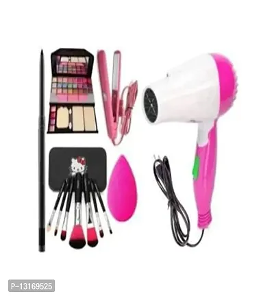 Multicolor Makeup Kit And 1 Kajal Pencil, 7 Black Makeup Brushes Set, 1 Pink Beauty Blender, 1 Mini Hair Straighter With 1 Hair Dryer - (Pack Of 12)-thumb0