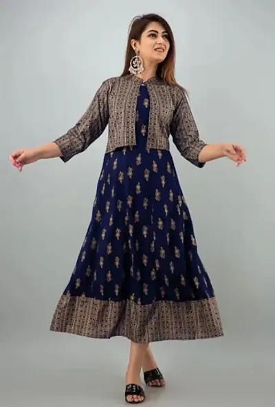 Women Rayon Printed Anarkali Gown WIth Jacket