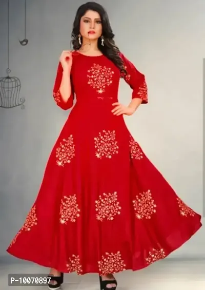Red Rayon Printed Ethnic Gowns For Women