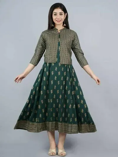 Stylish Rayon Blend Printed Anarkali Kurti With Jacket Set