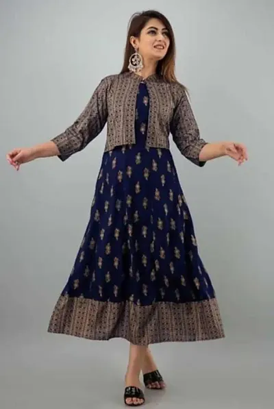 Women Rayon Printed Anarkali Gown WIth Jacket