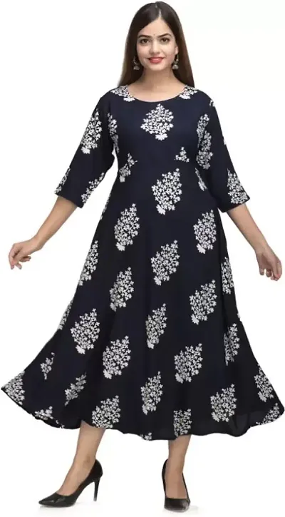 Kanika's Women's Solid Placement Full Long Gown Dress Kurti for Casual and Work wear for Women and Girls (Navy Blue) (XX-Large)