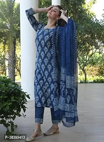 Stylish Navy Blue Rayon Kurta, Bottom And Dupatta Set For Women-thumb3