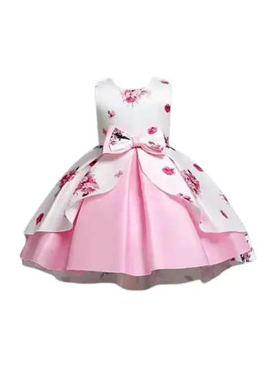 Skyteria Girl's Satin Floral Printed Frock | Knee Length Frock Dress