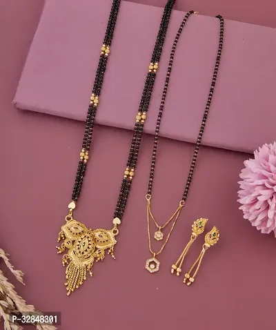 Elegant Gold Plated Brass Jewellery Set For Women- 2 Mangalsutras, 1 Pair Earrings-thumb0