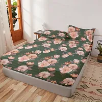 Comfortable Glace Cotton Printed Fitted Elastic Bedsheet with 2 Pillow Covers-thumb1