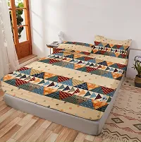 Comfortable Glace Cotton Printed Fitted Elastic Bedsheet with 2 Pillow Covers-thumb1