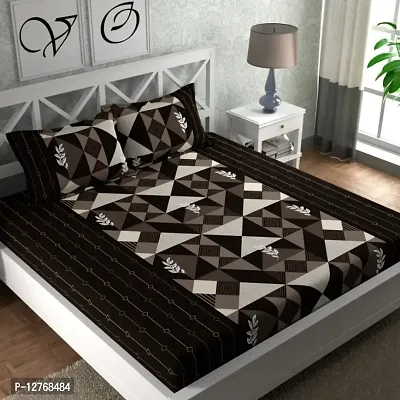 Brown Printed Polycotton Double Bedsheet with 2 Pillow Cover-thumb0