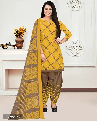 Elegant Yellow Cotton Printed Dress Material with Dupatta For Women-thumb0