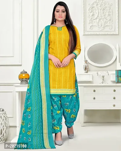 Elegant Yellow Cotton Printed Dress Material with Dupatta For Women-thumb0