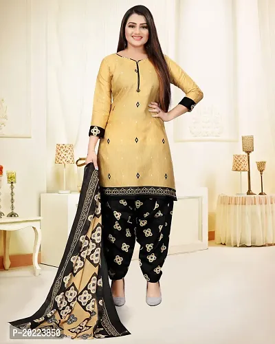 Elegant Beige Cotton Printed Dress Material with Dupatta For Women-thumb0