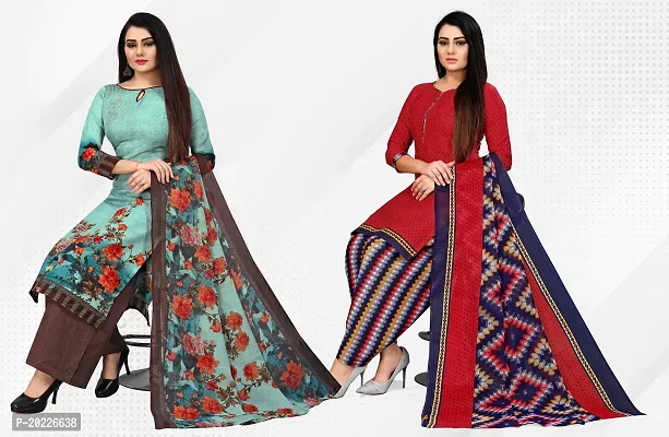 Elegant Multicoloured Cotton Printed Dress Material with Dupatta For Women-thumb0