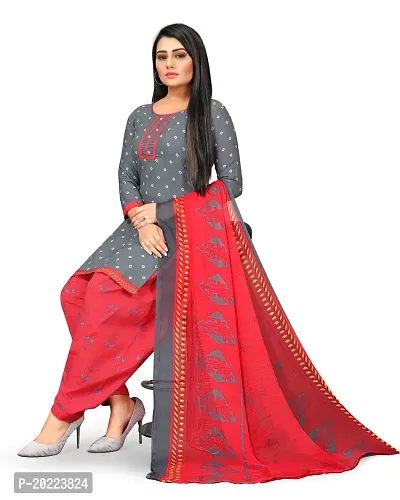 Elegant Grey Cotton Printed Dress Material with Dupatta For Women-thumb2