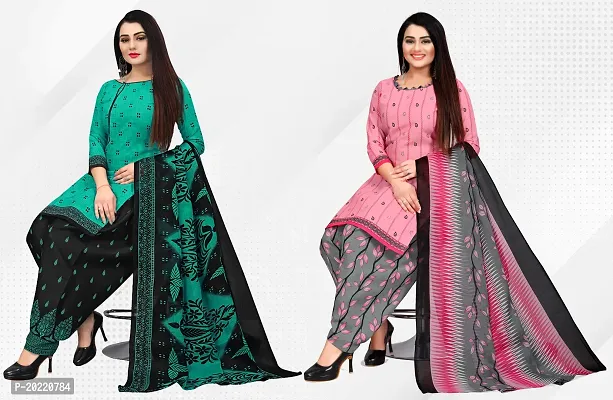 Elegant Multicoloured Cotton Printed Dress Material with Dupatta For Women