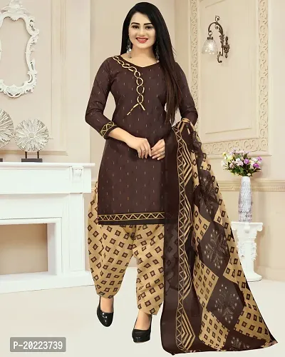 Elegant Brown Cotton Printed Dress Material with Dupatta For Women