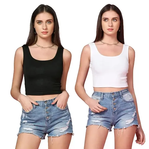 Rib-Knitted Cotton Sleeveless Racer Back Halter Neck Crop Top for Women