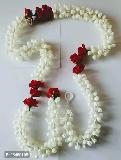 5Ft Artificial Mogra Jasmine With Red Flower Garland String, Mogra Toran For Decoration