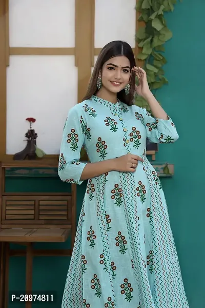 Printed Cotton Anarkali Long Kurti for Women and Girls -Sky Blue-thumb5