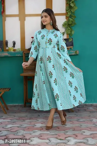 Printed Cotton Anarkali Long Kurti for Women and Girls -Sky Blue-thumb3