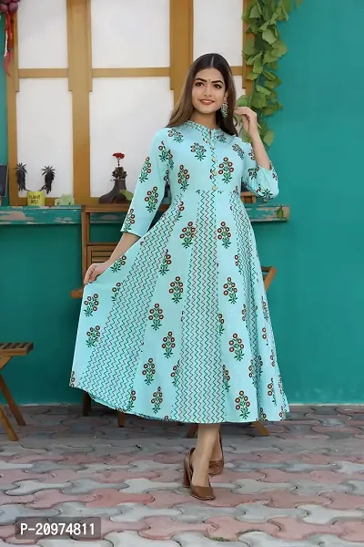 Printed Cotton Anarkali Long Kurti for Women and Girls -Sky Blue-thumb4