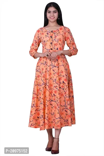 Printed Cotton Anarkali Long Kurti for Women and Girls -Coral-thumb0