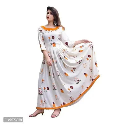 Printed Rayon Anarkali Long Kurti Cum Gown for Women and Girls -White-thumb0