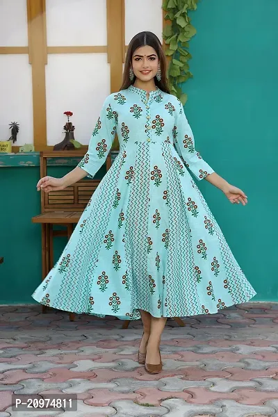 Printed Cotton Anarkali Long Kurti for Women and Girls -Sky Blue