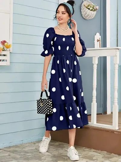 Graceful Polka Dot Crepe Midi Dress For Women