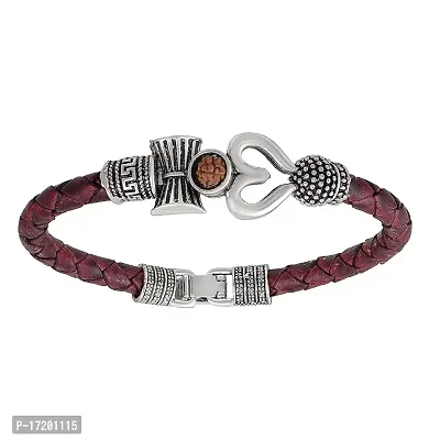 Jangra Trishul Damru OM Rudraksha Beads Silver Plated Mahakal Shiva Genuine Leather Bracelet for Men and Boys-thumb2