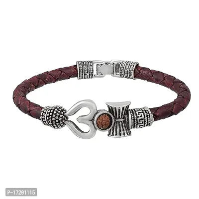 Jangra Trishul Damru OM Rudraksha Beads Silver Plated Mahakal Shiva Genuine Leather Bracelet for Men and Boys