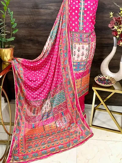 Fancy Multicoloured Silk Blend Printed Dress Material  with Dupatta