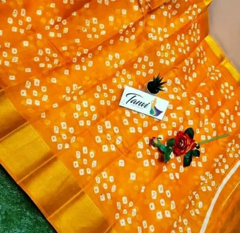 Bandhani Cotton Blend Printed Sarees with Blouse piece