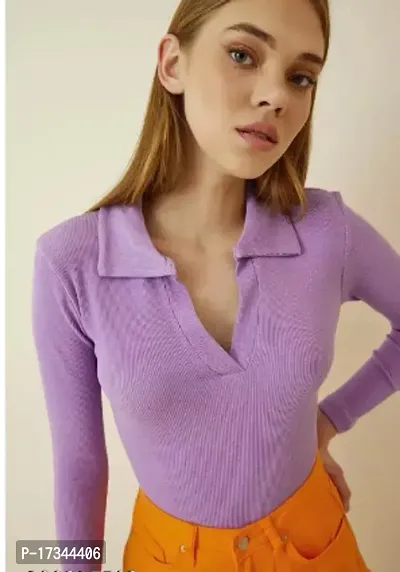 Elegant Purple Cotton Blend Solid Tshirt For Women