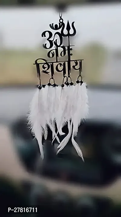 Jiyu Creation OM Namah Shivay White Them Wall Hanging Car Front Mirror Hanger Car Rear View Decorative Wall Hanging for HomeTemple Made with Acrylic Material with Feathers-thumb0