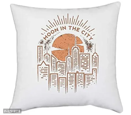 UDNAG White Polyester 'City | Moon and City' Pillow Cover [16 Inch X 16 Inch]