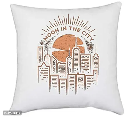 UDNAG White Polyester 'City | Moon and City' Pillow Cover [16 Inch X 16 Inch]-thumb0