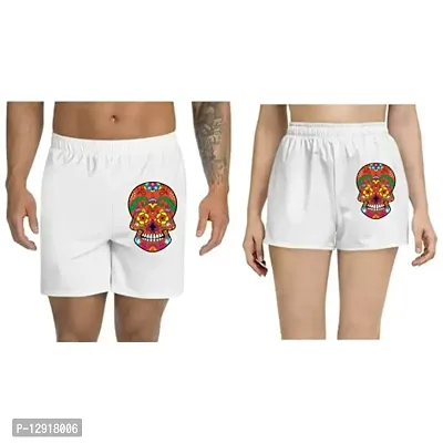 UDNAG Unisex Regular fit 'Illustration | Flower Sugar Skull' Polyester Shorts [Size S/28In to XL/40In] White