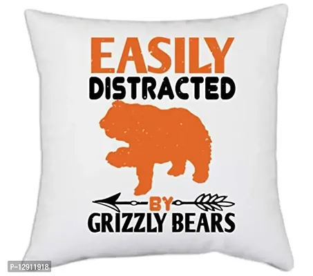 UDNAG White Polyester 'Bear | Easily Distracted by Grizzly Bears 01' Pillow Cover [16 Inch X 16 Inch]