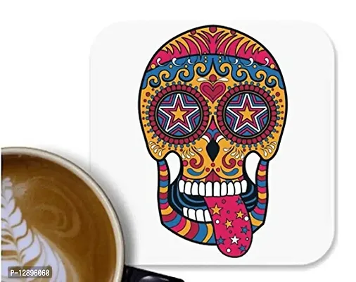 UDNAG MDF Tea Coffee Coaster 'Illustration | Red Tongue Sugar Skull' for Office Home [90 x 90mm]