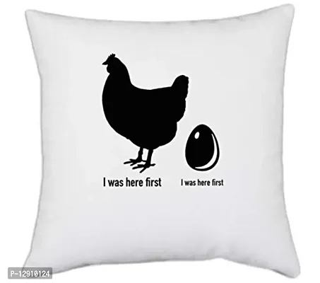 UDNAG White Polyester 'Chicken  Egg | Story of Chicken and Egg' Pillow Cover [16 Inch X 16 Inch]