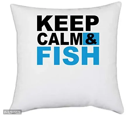 UDNAG White Polyester 'Fishing | Keep Calm & Fish' Pillow Cover [16 Inch X 16 Inch]-thumb0