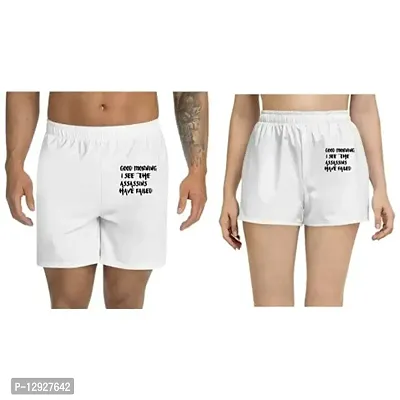 UDNAG Unisex Regular fit 'Morning | Good Morning i See The' Polyester Shorts [Size S/28In to XL/40In] White